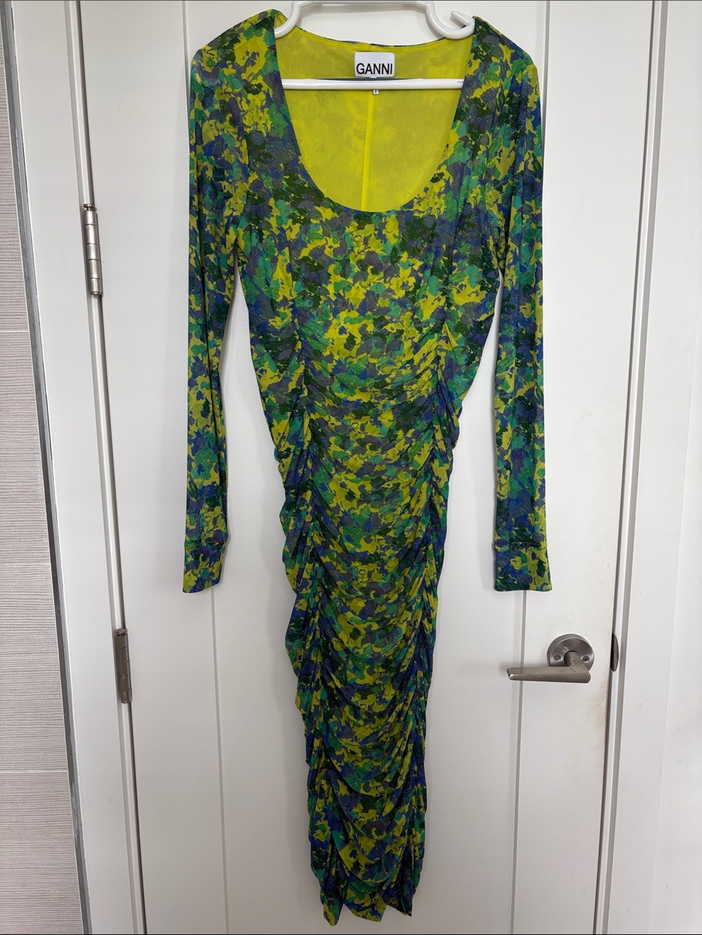 Ganni Green & Blue Floral Ruched Long Sleeve Midi Dress